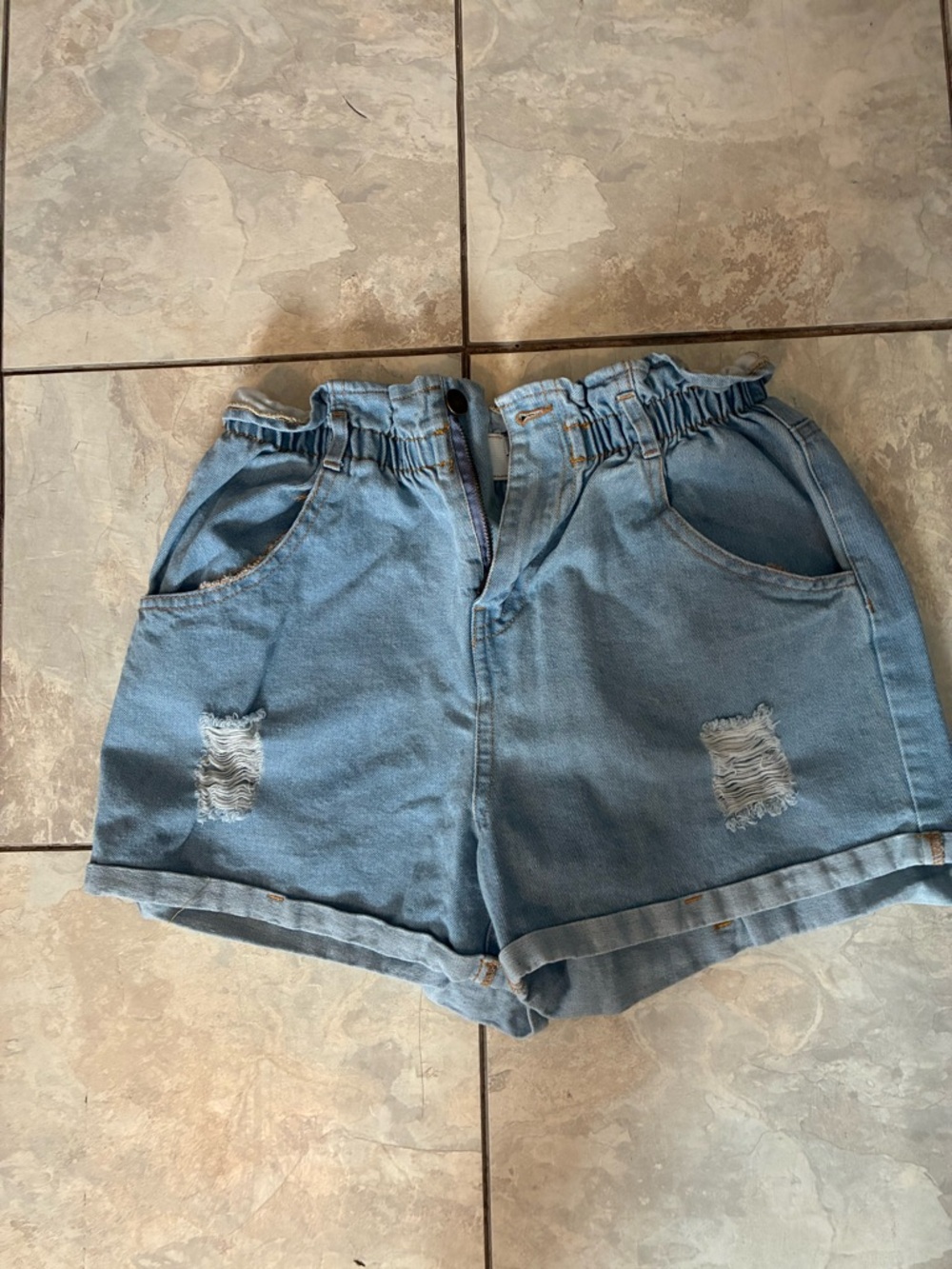 FAVLUX Light Blue Paperbag Waist Distressed Denim Shorts
